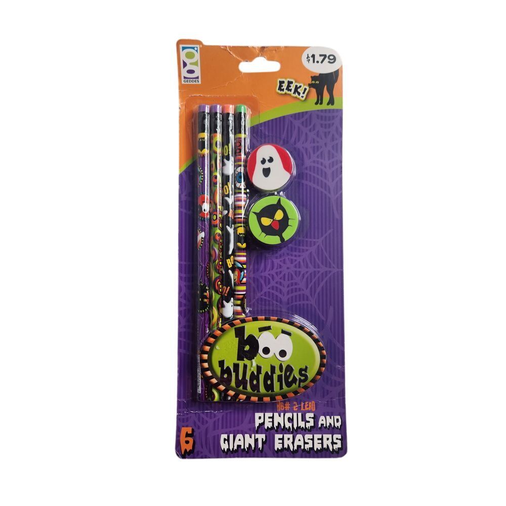 Boo Buddies Halloween 4 Pencils 2 Giant Erasers Set School Supplies New Geddes